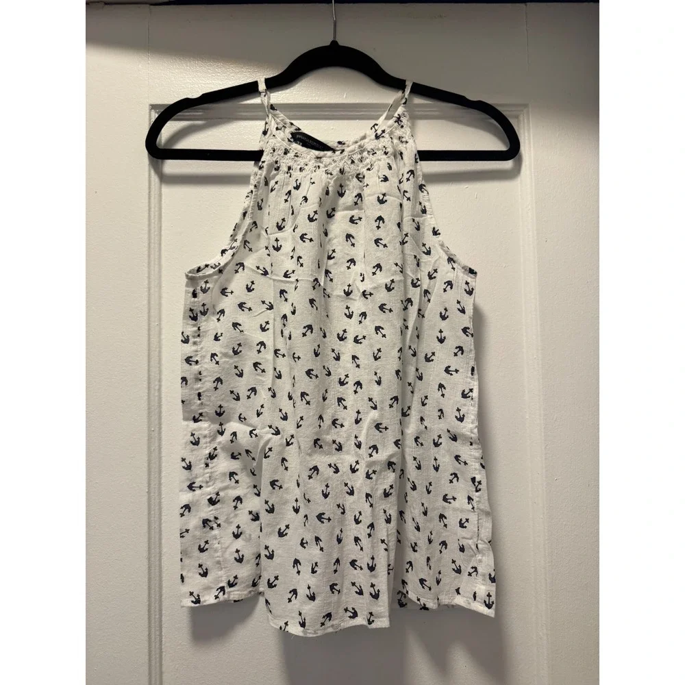Banana Republic Womens Small White Navy Blue Anchor Print Halter Tank Top Blouse - Picture 2 of 3